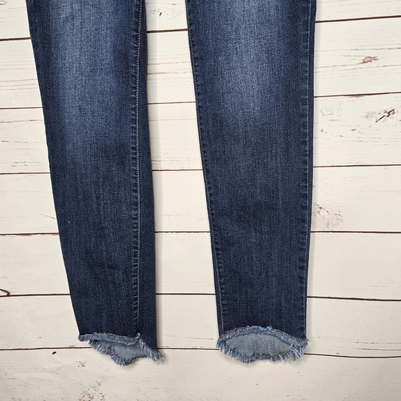 1822 Denim Blue Skinny Stretch Jeans with Frayed High Low Hem - Picture 5 of 10